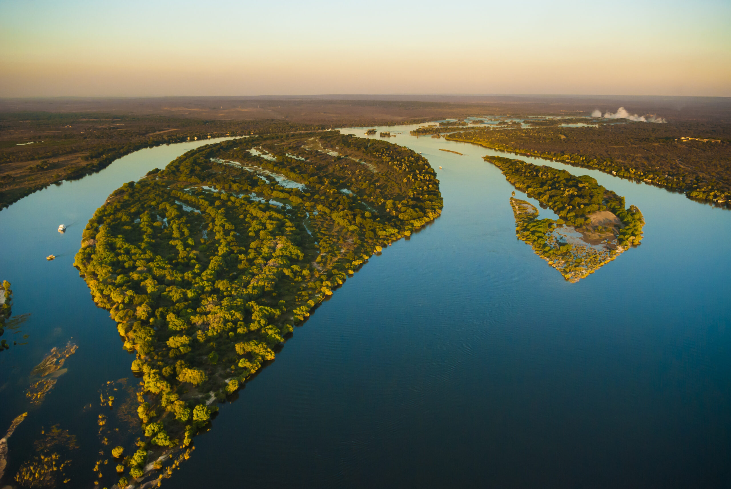 Aerial,View,Of,The,Zambezi,River,With,Riverboats